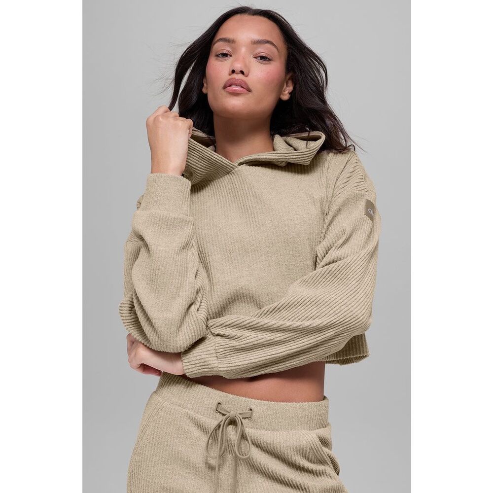 NWOT Alo Yoga Muse Hoodie Gravel Heather Tan Ribbed Cropped Pullover Size Medium - Picture 2 of 10
